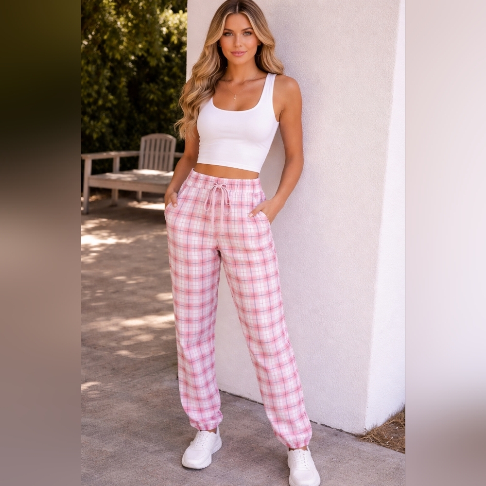 VIP Pink Plaid Straight-Leg Lounge Pants